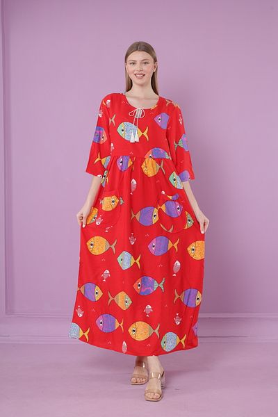 mervemoda Rochie lungă de damă, țesută din viscoză, cu buzunar, cu guler