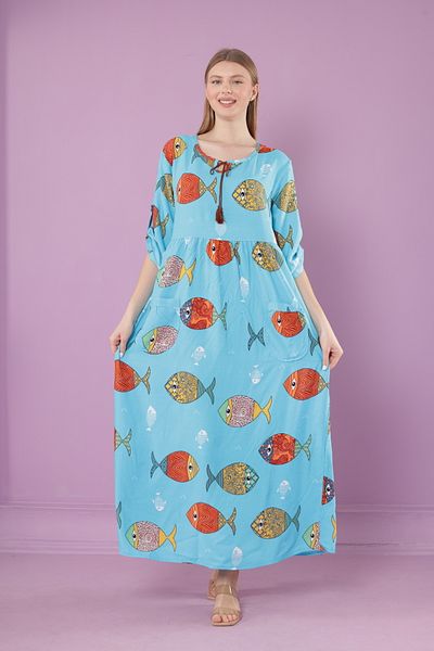 mervemoda Γυναικείο μακρύ φόρεμα με λαιμόκοψη με υφαντό βισκόζη