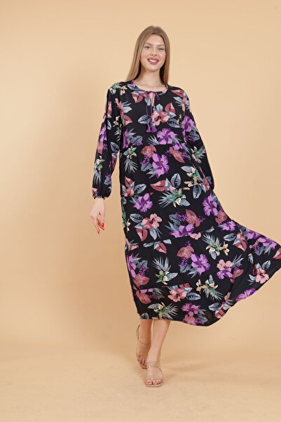 mervemoda Women's long sleeve full length printed woven dress