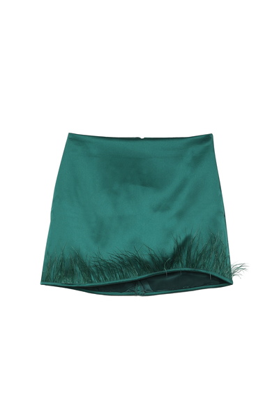 Quzu Feather Detailed Satin Mini Skirt Dark Green