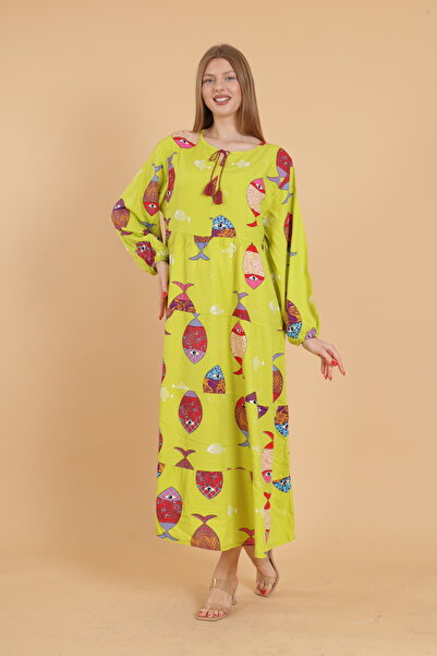 mervemoda Women's Long Sleeve Full Length Patterned Woven Dress