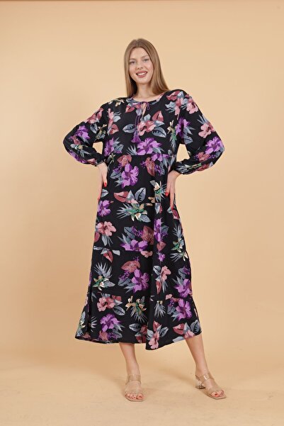 mervemoda Women's long sleeve full length printed woven dress