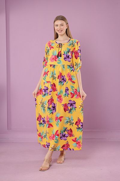 mervemoda Γυναικείο μακρύ φόρεμα με λαιμόκοψη με υφαντό βισκόζη