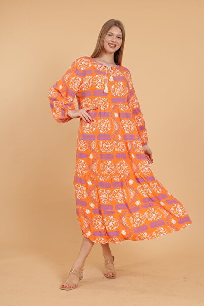 mervemoda Γυναικείο μακρυμάνικο ολόσωμο εμπριμέ υφαντό φόρεμα