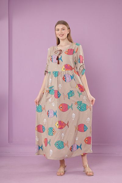 mervemoda Γυναικείο μακρύ φόρεμα με λαιμόκοψη με υφαντό βισκόζη