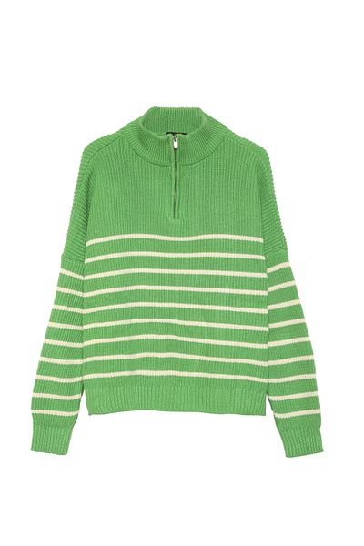 Quzu Zippered Striped Sweater Green