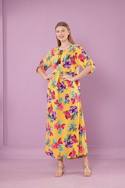 mervemoda Rochie lungă de damă, țesută din viscoză, cu buzunar, cu guler