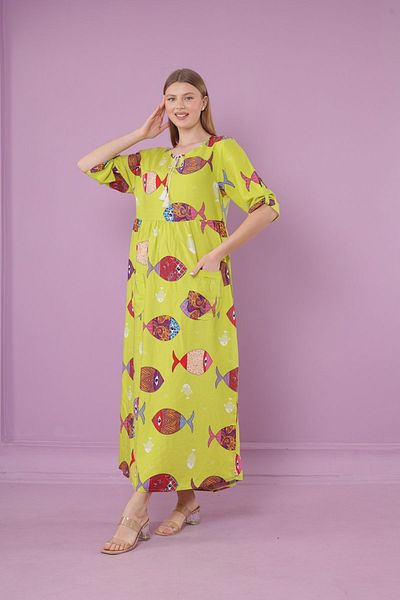 mervemoda Γυναικείο μακρύ φόρεμα με λαιμόκοψη με υφαντό βισκόζη