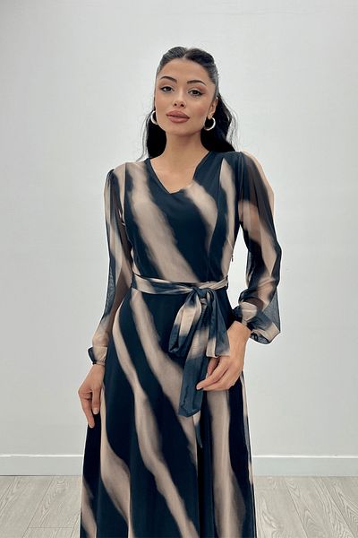 giyimmasalı Tulle Fabric V-Neck Maxi Dress - BROWN