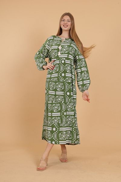 mervemoda Women's long sleeve full length printed woven dress