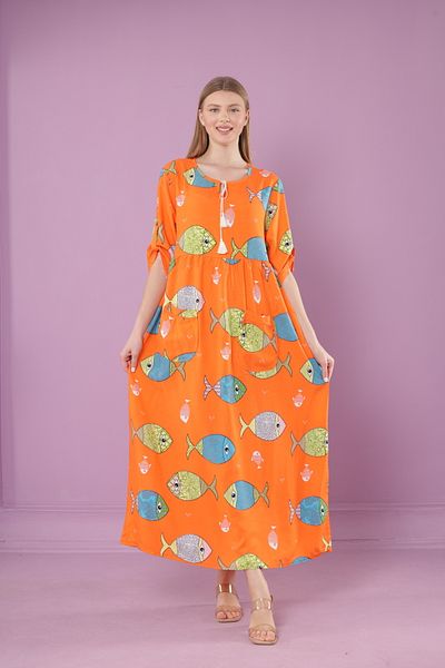 mervemoda Γυναικείο μακρύ φόρεμα με λαιμόκοψη με υφαντό βισκόζη