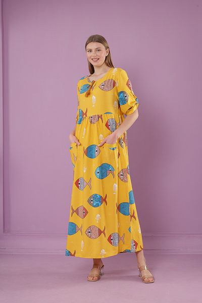 mervemoda Γυναικείο μακρύ φόρεμα με λαιμόκοψη με υφαντό βισκόζη