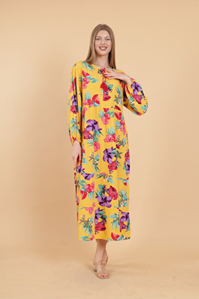 mervemoda Women's long sleeve full length printed woven dress