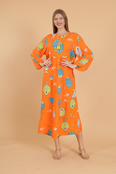 mervemoda Women's long sleeve full length printed woven dress