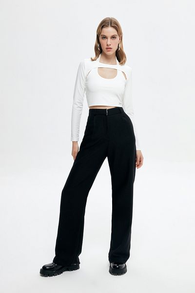 Quzu Wide Leg Palazzo Fabric Trousers Black