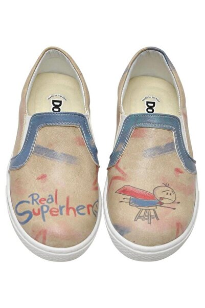 Dogo Kids Vegan Leather Beige Laceless Sneakers - Superhero Boys Design