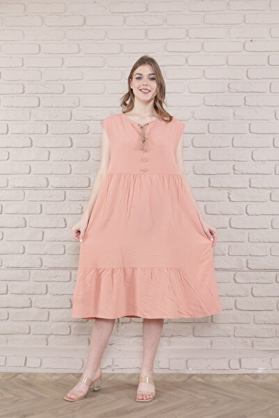 mervemoda γυναικείο μανίκι μπροστινό διακοσμητικό κουμπί κοντό υφαντό φόρεμα βισκόζης