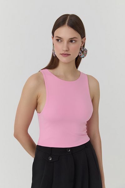Quzu Crew Neck Strap Crop Blouse Pink