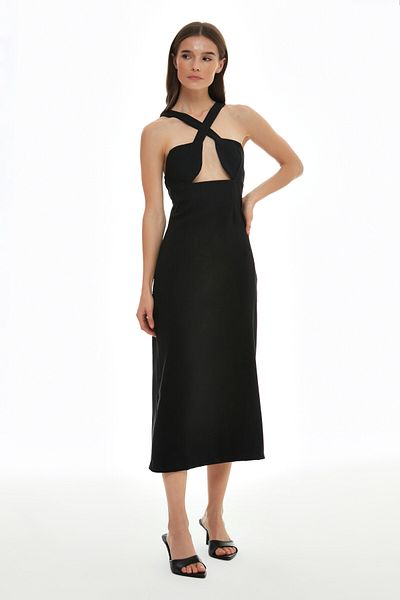 Quzu Midi Dress with Cross Back Straps Black