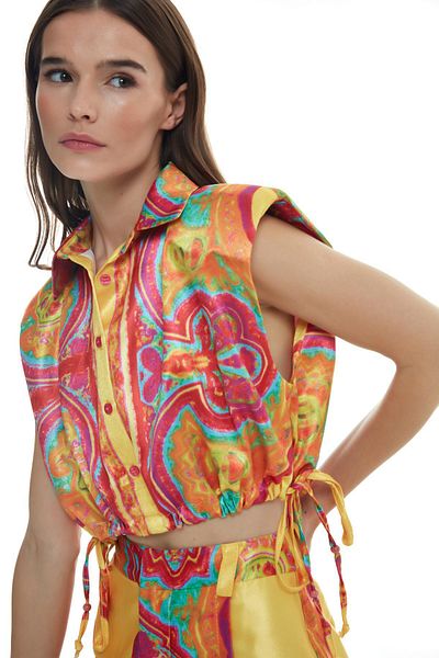 Quzu Colorful Patterned Shirt with Gather Detail Fuchsia