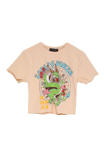 Quzu Ruffle Detailed Printed Crop T-Shirt Beige