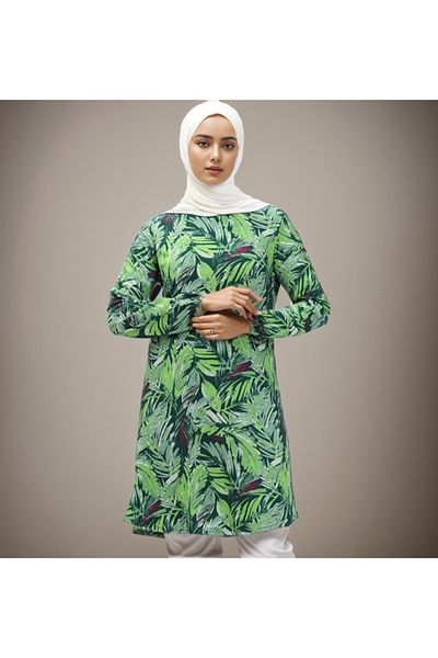 RESPİRO Patterned Flowing Sleeve End Elastic Wrap Green Tunic