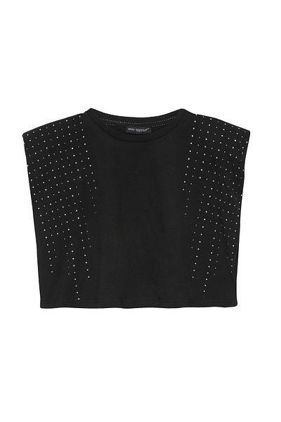 Quzu Stone Detailed Padded Crop T-Shirt Black