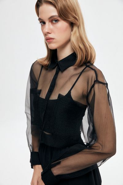 Quzu Πουκάμισο Organza Crop Μαύρο
