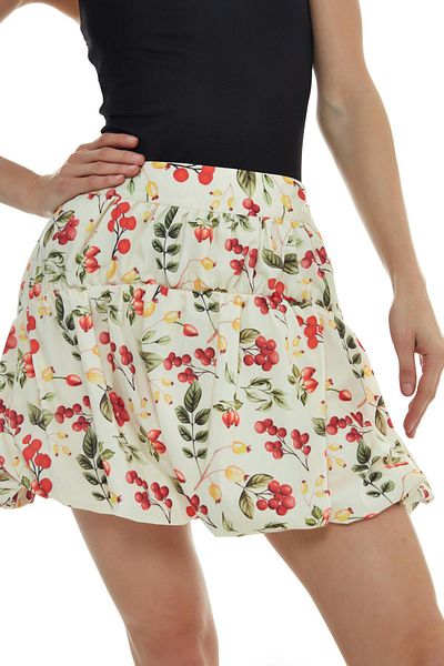 Quzu Patterned Balloon Mini Skirt Cream