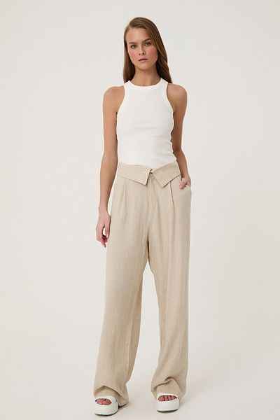 Quzu Waist Detailed Wide Leg Linen Trousers Natural