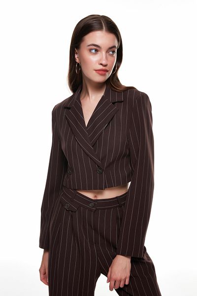 Quzu Ριγέ Λεπτομερές Crop Jacket Καφέ