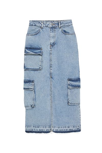 Quzu Fustă midi Denim detaliată Buzunar Cargo Albastru