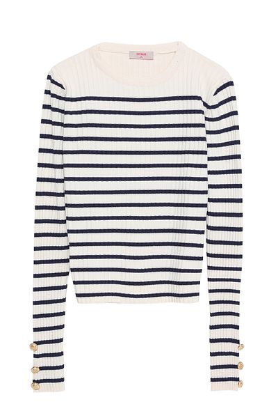 Quzu Button Detailed Striped Knitwear Navy Blue