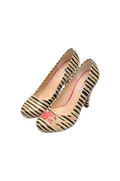 Dogo Pantofi cu toc bej din piele vegană de damă - Design Roses On Stripes