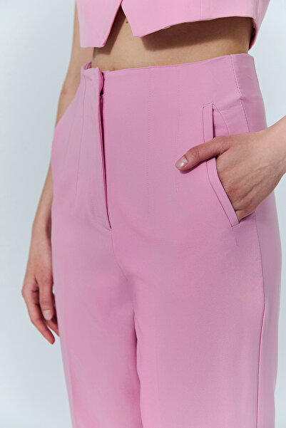 Quzu Pens Detaylı Yüksek Bel Pantolon Pembe