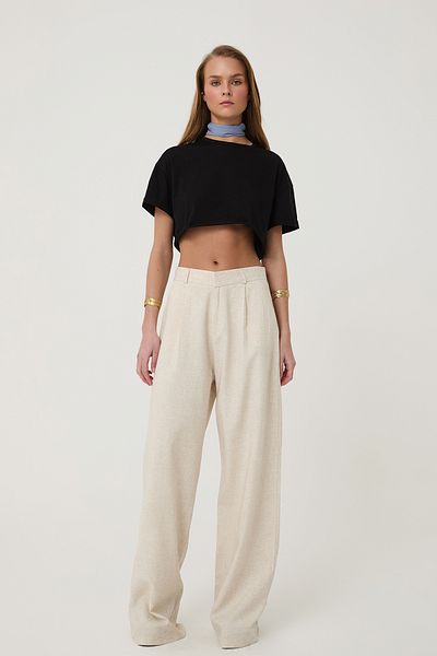 Quzu High Waist Palazzo Linen Trousers Natural