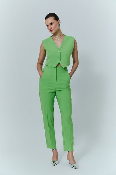 Quzu Collet Detailed High Waist Trousers Green