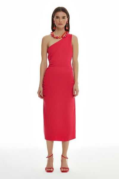 Quzu Ruffle Detailed One-Shoulder Midi Dress Fuchsia