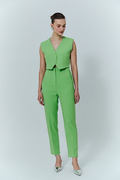 Quzu Collet Detailed High Waist Trousers Green