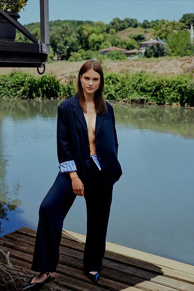 Quzu Lined Striped Blazer Jacket Navy Blue