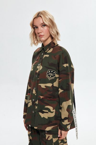 Quzu Camouflage Patterned Oversize Shirt Khaki