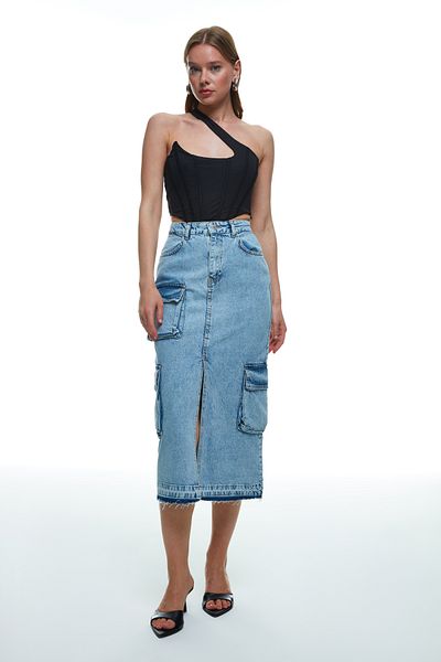 Quzu Fustă midi Denim detaliată Buzunar Cargo Albastru