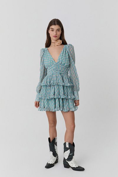Quzu Backless Floral Tulle Dress Mint