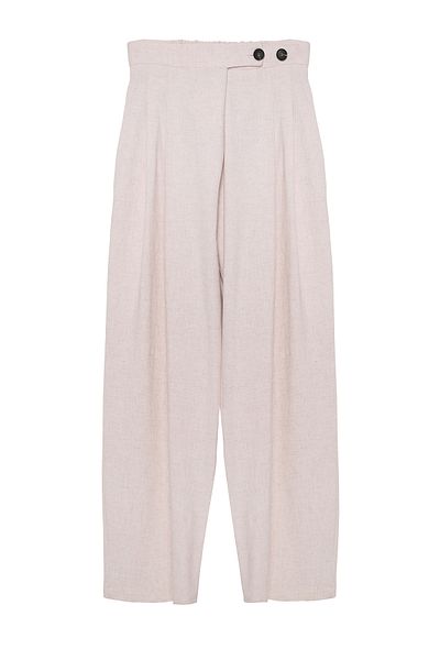 Quzu Button Detailed High Waist Linen Trousers Natural