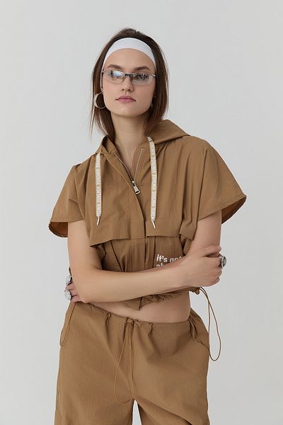 Quzu Μπουφάν με κουκούλα Τεχνικό Υφασμάτινο Camel
