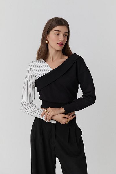 Quzu Bluse mit tiefsitzenden Schultern und Streifenärmeln in Schwarz