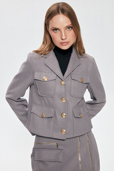 Quzu Button Detailed Stamp Jacket Gray