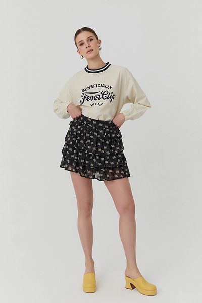 Quzu Layered Detailed Patterned Mini Skirt Black