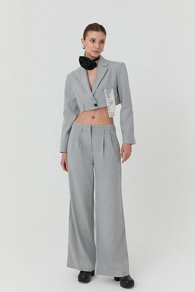 Quzu Double Waist Detailed Back Printed Trousers Light Gray