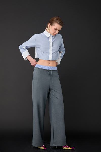 Quzu Boxer Detailed Wide Leg Trousers Gray